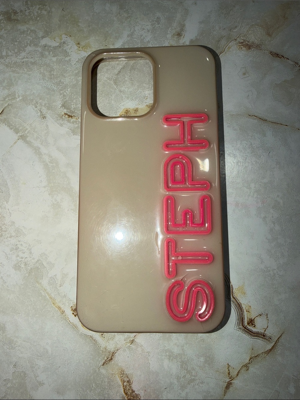 Beige Phone Case with Pink 'STEPH' Lettering 15 pro max